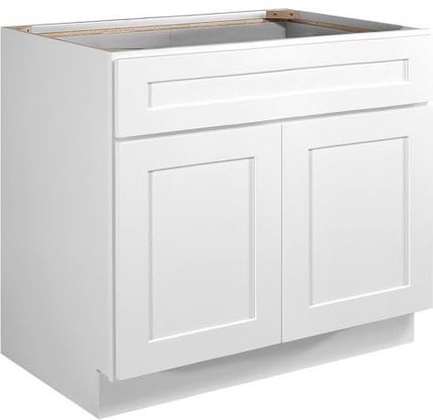 Design House Brookings Shaker Fully Assembled Sink Base Kitchen Cabinet SB36, 36 W x 24 D x 34.5 H, Painted White, Solid Wood, Design House, 613299