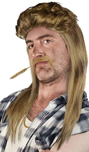 SET aus: Vokuhila Perücke + Bart + Goldkette - Rocker Prollperücke Vokuhilaperücke Proll Pimp Blond Brünette Grau Schwarz 80er 90er Jahre (Blond + Bart + Goldkette)