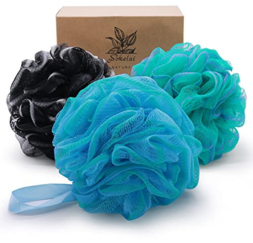 Spugna da bagno a rete, grande, 75 g, XL, per donne, uomini, bambini, scrunchie luffa, luffa, luffa, spugna in rete, per pelle liscia e setosa, accessori per il bagno, confezione da 3
