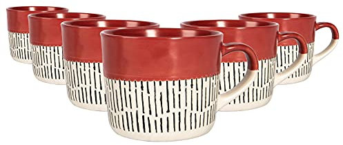 Nicola Spring Ceramic Coffee Mugs Set - 475ml - 6pc Red Dipped Dash Stoneware Coffee Cups Dishwasher & Microwave Safe Large Tea Mugs for Hot Drinks, Hot Chocolate, Tea