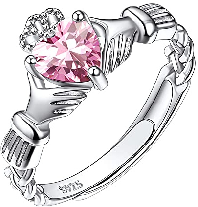 Suplight 925 Sterling Silver Irish Claddagh Heart Promise Ring, Created Pink October Birthstone Delicate Thin Adjustable Engagement Wedding Ring for Her Women Girls Ladies