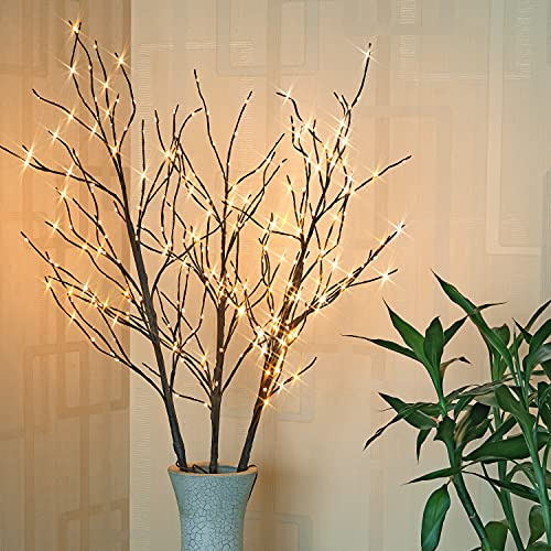 LIGHTSHARE Lighted 41IN Artificial Twig Birch Tree Branch with 300 Fairy LED Lights Plug in with Timer for Spring Thanksgiving Christmas Decoration Indoor Outdoor Sticks, Brown
