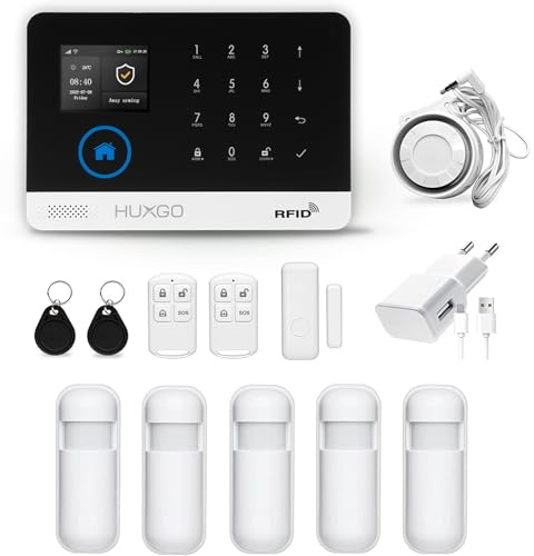 HUXGO HXA003 Funk Alarmanlage mit 5X Bewegungssensoren WiFi + GSM Modul -Bewegungsmelder mit Alarm - Alarmanlage Haus Wohnung Garage - Funk Bewegungsmelder mit Empfänger