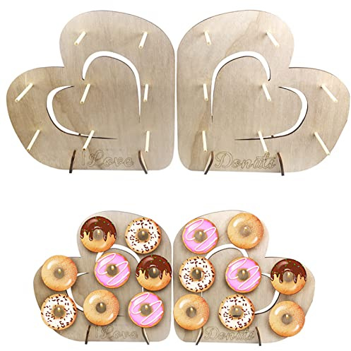 KIPETTO Donut-Wandständer, 2 Stück, herzförmiger Donut-Halter aus Holz, für Hochzeit, Weihnachten, Geburtstag, Babyparty, Donut-Party