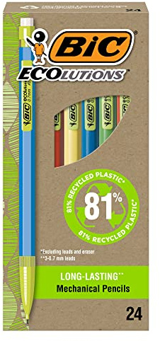 BIC Ecolutions Mechanical Pencils with Erasers, With Colorful Barrel, Medium Point (0.7mm), 24-Count Pack, Mechanical Pencils Made from 81% Recycled Plastic Excluding Leads and Erasers