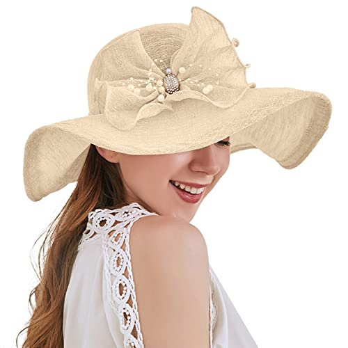 Damen Organzahut Braut Hochzeit Sonnenhüte Elegante Blumen Organzahut Sommer Mesh Hut Strandhut Damenhut Breite Krempe Bowler Hut Faltbare Beach Hat Sonnenschutz Sonnenhüte Mode (Beige, One Size)