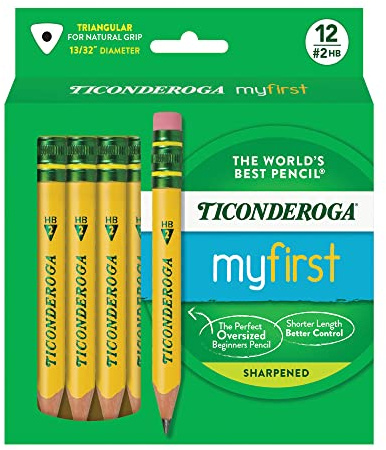 Ticonderoga My First Half-Size Wooden Pencils, Large Triangle-Barrel Pre-Sharpened #2 (HB) Short 4.5 Yellow Pencils with Erasers, Yellow, 12/Pack