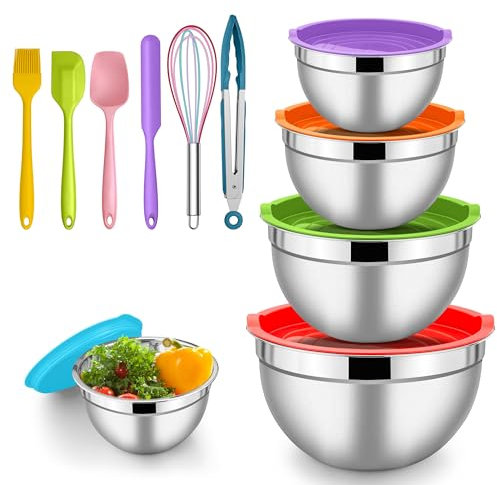 Herogo Schüssel mit Deckel, Edelstahl Salatschüssel Set 5er Set, Größe 4,5L/2,7L/1,5L/1,2L/0,7L, Stapelbar Rührschüssel für Küche Mischen und Servieren, Beinhalten Backen Zubehör, Spülmaschinenfest