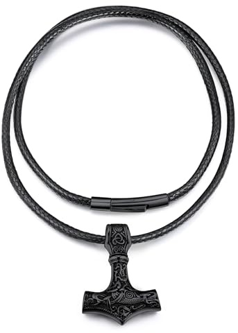 FaithHeart Collar Vikingo Acero Inoxidable 316L Hombre Collar Negro Cuero Colgante Arma Odin Martillo Mjolnir Regalo Papa Primerizo Futuro
