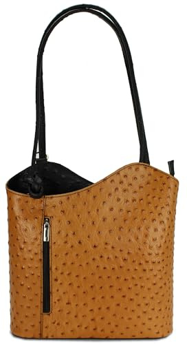 Belli italienische Ledertasche Backpack Classic 2in1 Damen Rucksack Leder Handtasche made in italy Schultertasche - 28x28x8 cm (B x H x T) (Cognac Schwarz Strauss)