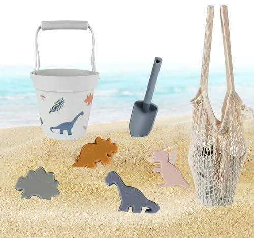 LUFEIS Sandspielzeug Set Silikon, Strandspielzeug für Kinder, mit Eimer, Netzbeutel, Sandformen, Weichem Kunststoff Spielzeug Strand für Outdoor Spielzeug, Gartenspielzeug (Dinosauriermodell)