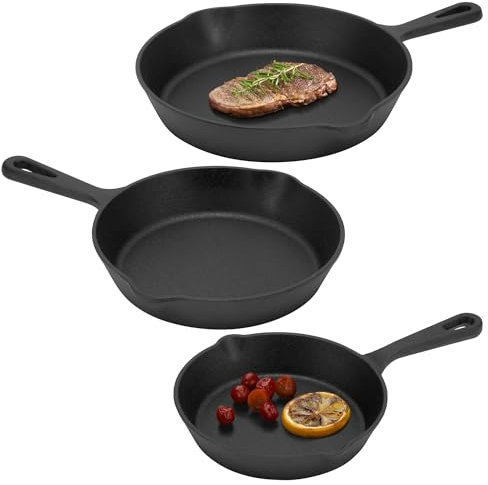 Navaris Poele en Fonte - Lot 3x Poele Fonte Naturelle 15cm 20cm 25cm pour Cuisinière à Induction Four Feu Grill Barbecue - Poêle Casserole Antiadhésive pour Légume Viande