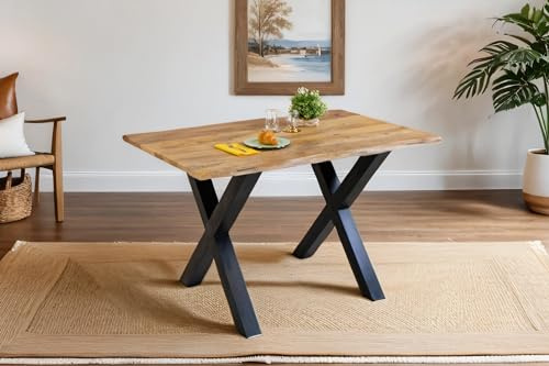 SAM Esstisch Tiger 120x80 cm Mangoholz Natur Vintage Baumkante X schwarz | Baumkantentisch massiv, naturfarben, Metallgestell, Esszimmertisch