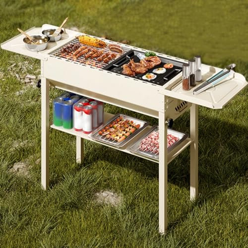 Klappgrill Edelstahl, Holzkohlegrill Klein Camping, Outdoor Picknick Campinggrill Mit Backblech, Ablagefläche Für Draußen, BBQ Lamm Spieß Camping Barbecue Grill Im Garten (Color : /Beige, Size : Wi