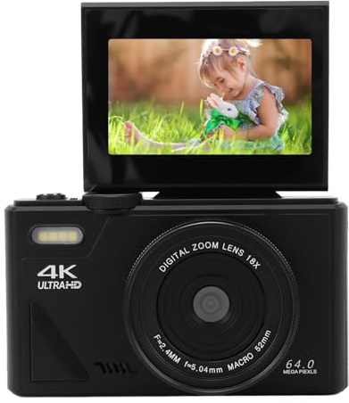Digitalkamera, 4K 64MP UHD 180° 3 IPS Flipscreen-vloggningskamera, 18X Digital Zoom Kompaktkamera, autofokuspunkt- och Fotograferingskamera för Fotografiinspelning (BLACK)