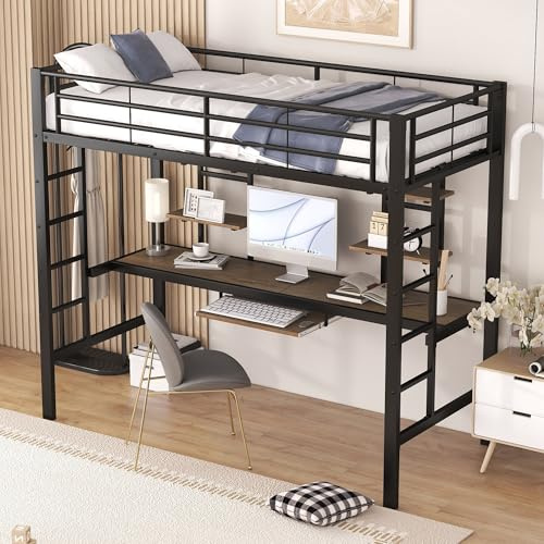 Lcoho Bettgestell Metallbett, Eisenbett, Hochbett mit Schreibtisch und Zwei Bücherregalen für Kinder, Jugendliche und Erwachsene, 90x200cm, schwarz