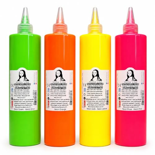 Stofffarbe 500ml. Waschfeste Textilfarbe. T-Shirt Farbe für helle Stoffe. Waschmaschinenfest, Waschbeständig. Textilmalfarbe, Stoffmalfarbe Fixierung durch Bügeln (Neon-Set (4-Farben))