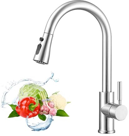 MEETOZ Kitchen Sink Taps Mixer with Pull Out Spray, Stainless Steel Sink Taps Mixer for Kitchen Single Lever, 360°Swivel High Spout