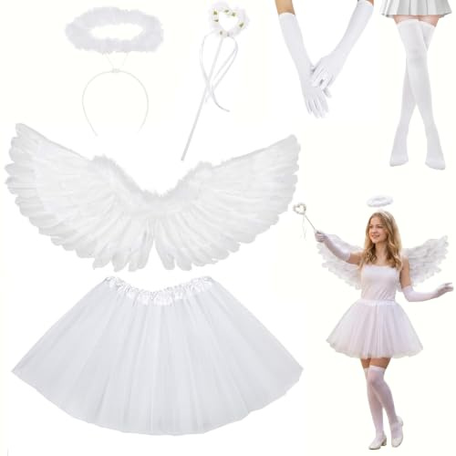 BITOYO Disfraz Angel, Alas Angel Blanco con Falda de Ángel, Halo de Ángel, Varita Mágica, Guantes de Encaje y Medias, Disfraces Hadas Adulto Niña Alas de Ángel para Cosplay Carnaval Halloween