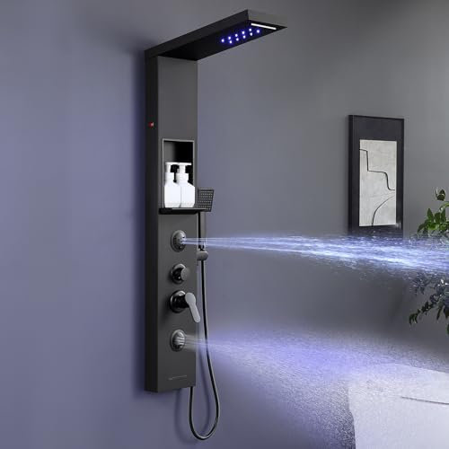 KINKIBOS Pannello doccia a LED con rubinetto e ripiano, nero, 6 funzioni, colonna doccia a pioggia e cascata, ugello massaggiante a 2 modalità, doccetta e beccuccio a cascata, acciaio inox