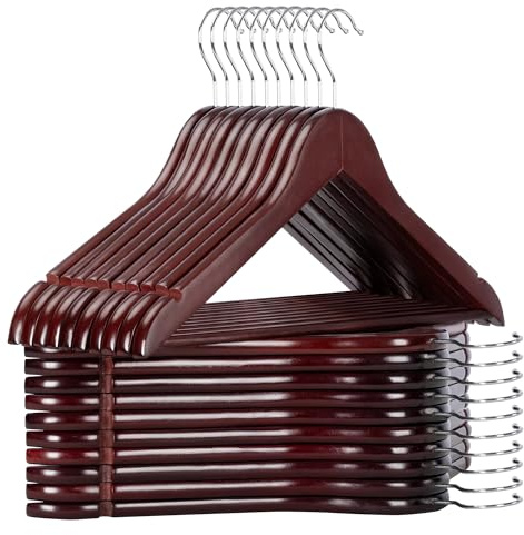 Pack 20 Perchas para Ropa de Madera Natural con Muescas Antideslizantes y Gancho Giratorio | Perchas Resistentes para Camisas, Chaquetas, Trajes y Abrigos (Cereza Oscuro)