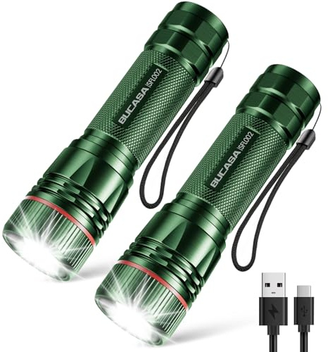 BUCASA Linterna LED Recargable, 2 Piezas Brillante Linterna LED con 3 Modos, 2000 Lumen Linterna Portátil Niños, Impermeable con Zoom Linterna para Camping Senderismo Aire Libre Emergencia (Verde)