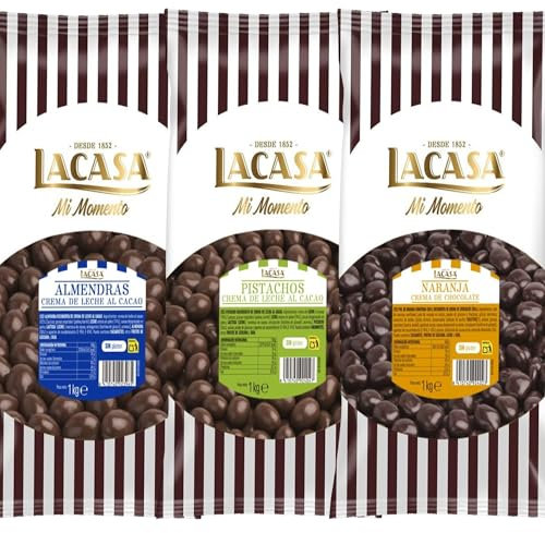 Lacasa Mi Momento pack 3kg bolas: Almendra con chocolate con leche,Dados de naranja con chocolate Negro,Pistachos con chocolate Leche
