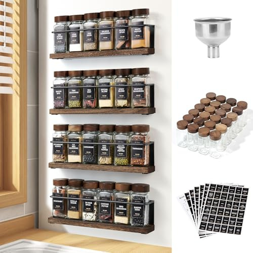 KitHero Magnetisches Gewürzregal mit Holzdeckeln, 24 Gläsern, 216 Etiketten, 1 Stahltrichter für Kühlschrank & Mikrowelle – Komplettes Gewürzorganizer Set