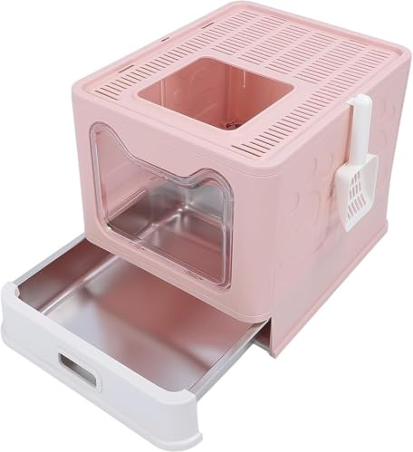 Caja de arena para gatos de acero inoxidable cerrada con cajón, tapa y cuchara para control de olores y fácil limpieza