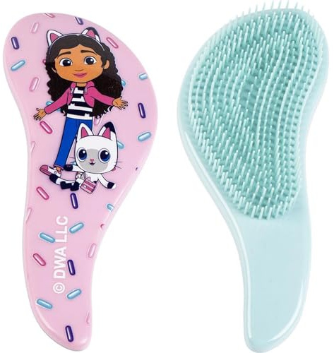 Gabby's Dollhouse - Spazzola districante per bambini, design ergonomico rosa pastello con punte morbide e scenografia divertente