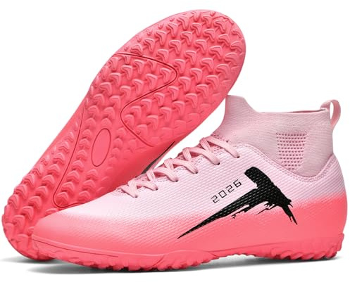 WOWEI Fotbollsskor herr pojkar High Top Spike Cleats professionella fotbollsskor barn sport utomhus atletiska träningsskor fotbollsskor sportskor tävling, Rosa 6, 43 EU