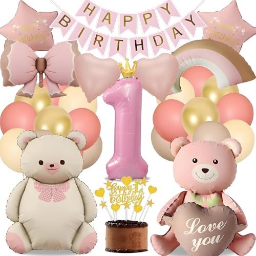 1:a födelsedagsdekoration för flicka med björn och ballonger, fest 1 år rosa guld, grattis på födelsedagen banderoll, tårtdekoration, ballonger hjärta regnbåge rosett
