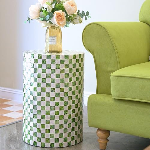 Chi An Home 19.7” Checkered Capiz Shells Drum End Table, Decorative Cylinder Side Table & Garden Stool, Round Pedestal Accent Table for Living Room, Bedroom, Indoor & Outdoor (Pistachio Green)