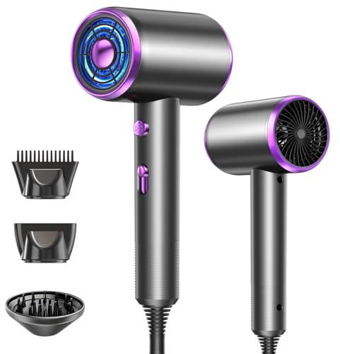 Asciugacapelli a Professionale Ioni Negativi, Hair Dryer, 2200W 60000 RPM, 3 Livelli Aria Fredda/Calda, Riscaldamento Rapido, Temperatura Costante, Silenzioso con Distributore di Calore e Ugello