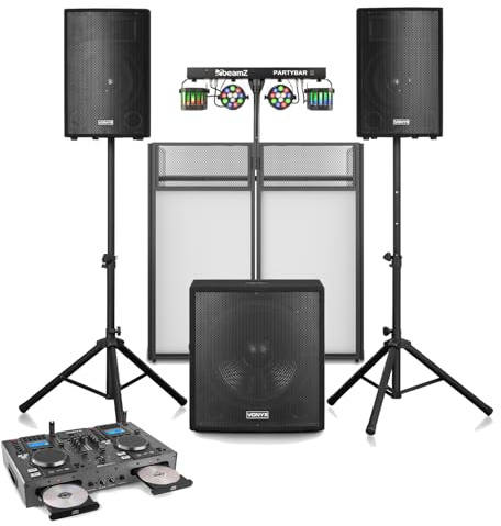 Vonyx DJ PA System Package with 1200W 2.1 Active Speakers, Dual CD/USB/Bluetooth Mixer, Foldable Booth and Plug & Play Sound-To-Light Disco Light Bar – Pro DJ Gear Setup