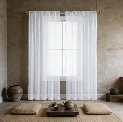 XUEQXUE Vorhang Transparent 50 x 180 cm Polyester, Leinen-Optik Transparent Wohnzimmer Luftig Dekoschal Vorhang Durchsichtig für Schlafzimmer Wohnzimmer Gardine Fenster, Weiß