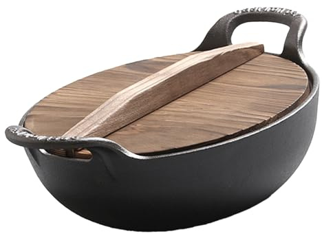 ASHATA Wok de Hierro Fundido, Sartén sin Revestimiento Presazonada de 12,6 con Doble Asa y Tapa de Madera Pesada, para Horno, Estufa, Parrilla, Fogata, Cocina en Interiores y (32 cm/12,6 pulgadas)