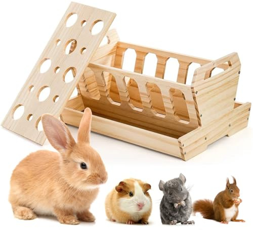 Heuraufe Kaninchen, Heuraufe Meerschweinchen Holz Futterraufe mit Karottenhalter Hasen Zubehör Kleine Haustiere Zubehoer für Hamster Meerschweinchen Kaninchen Hasen