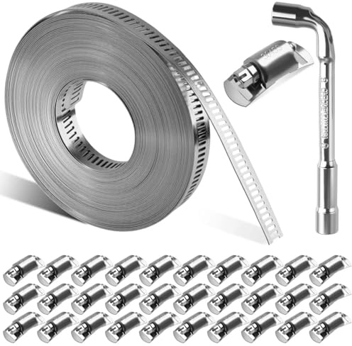 LEONTOOL 304 Stainless Steel Hose Clamp Assortment Kit DIY 32.8FT Metal Strap and 30 Stronger Fasteners Large Adjustable Worm Gear Band Hose Clamps Screw Clamps for Pipe Duct Tube and Fuel Line