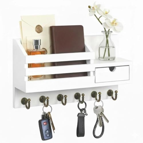 Zbozzba Wand Schlüsselbrett mit Ablage und Schublade,Wandregal zur Schlüsselorganisation,Holz Schlüsselhalter mit 6 Haken,Für Eingang, Flur, Wohnzimmer oder Büro – Weiß