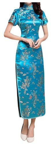 Robe Pull Femme Kinesisk Cheongsam-klänning Broderad Kort Ärm Lång Längd Dam Traditionell Qipao, Sky