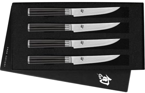 KAI Shun Classic japanisches Steakmesser 4er Set 12 cm Klingenlänge - Damastmesser 32 Lagen VG MAX Kern - 61 (±1) HRC - Pakkaholzgriff - Made in Japan - Grillmesser Tafelmesser geschmiedet