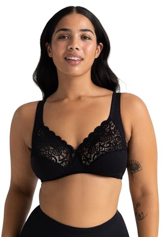 Dorina Reggiseno Donna Georgina – Senza Ferretto, Copertura Totale, Cotone con Bordo in Pizzo Festonato, Fascia sotto Il Seno di Supporto e Spalline Regolabili, Nero