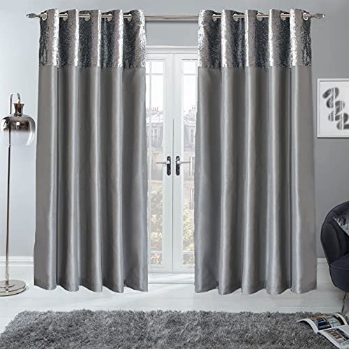 Sienna PAIR of Crushed Velvet Band Curtains Fully Lined Eyelet Ring Top Faux Silk Window Treatment Panels - Silver Grey, Width 46 x Drop 90
