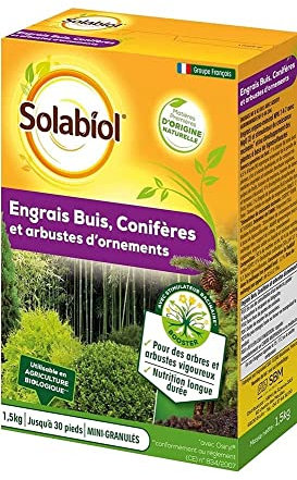 SOLABIOL Engrais Buis - Conifères & Arbustes d'ornement - 1,5Kg - Jusqu'à 30 Pieds - Pour Des Arbres & Arbustes Vigoureux - Utilisable En Agriculture Biologique SOCONY15