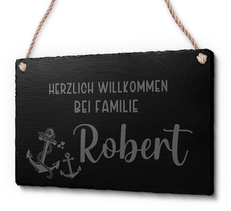 Schöne Schiefer Türschilder für die Haustür mit Gravur | Schiefer-Schild mit Kordel zum Aufhängen in ca. 22x14 cm Gravierte Namensschilder Klingelschilder mit Namen oder Texten Herzlich Willkommen