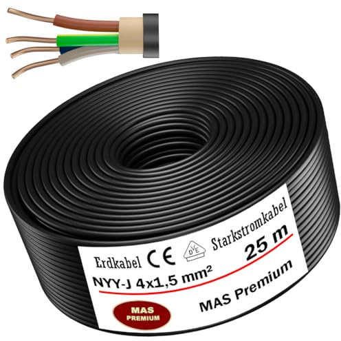Erdkabel Stromkabel 5, 10, 15, 20, 25, 30, 35, 40, 50, 60, 70, 75, 80, 90 oder 100m NYY-J 4x1,5 mm² Elektrokabel Ring zur Verlegung im Freien, Erdreich (25 m)