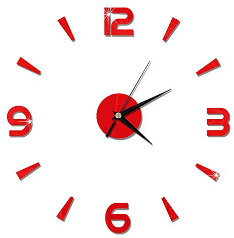 Adesivo Orologio da Parete, Orologio Adesivo da Parete 3D, Orologio da Parete Grande Senza Cornice Moderno Fai-Da-Te per Soggiorno, Casa, Ufficio, Decorazione Della Stanza (Rosso)
