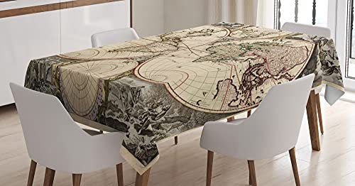 ABAKUHAUS Kartographie Tischdecke, Vintage Weltkarte Retro, Für den Inn und Outdoor Bereich geeignet Waschbar Druck Klar Kein Verblassen, 140 x 170 cm, Taupe Champagne