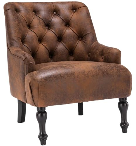 Antique Retro Chesterfield Buttoned Brown Faux Leather / Suede Occasional Accent Chair – Luxurious Single Armchair for Traditional Modern Small Spaces , Living Room Bedroom Conservatory Reading